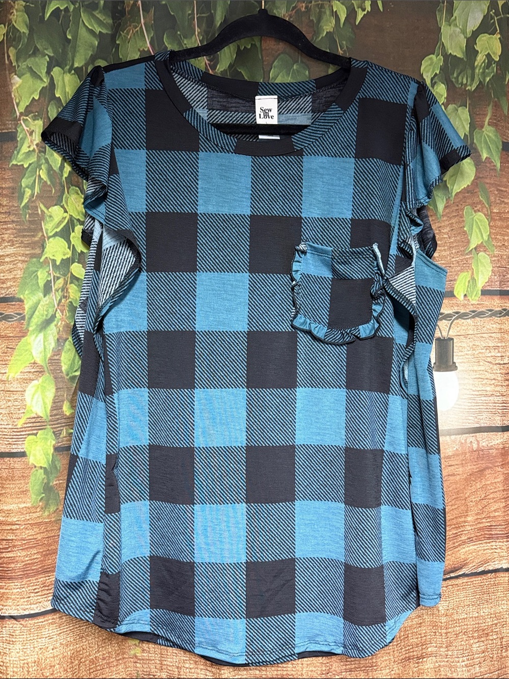 EUC Sew In Love Blue and Black Buffalo Plaid Ruffle Pocket Tee